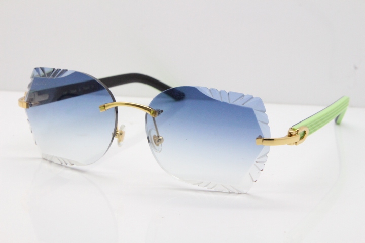 Cartier Rimless T8200762 Black Green Aztec Arms Sunglasses In Gold Blue Lens