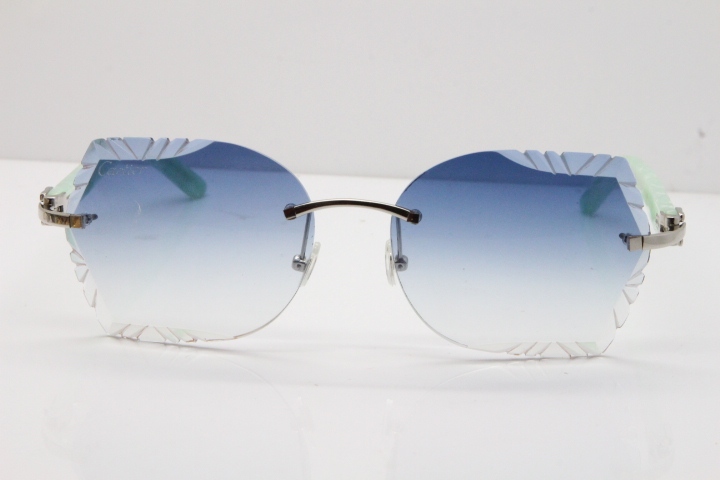 Cartier Rimless T8200762 Marble Green Aztec Arms Sunglasses In Gold Blue Lens