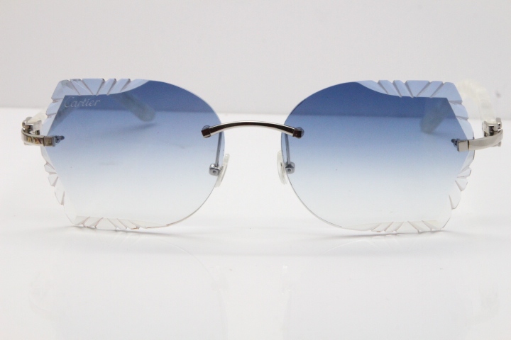 Cartier Rimless T8200762 Marble White Aztec Arms Sunglasses In Gold Blue Lens