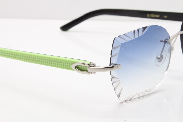 Cartier Rimless T8200762 Black Green Aztec Arms Sunglasses In Silver Blue Lens 