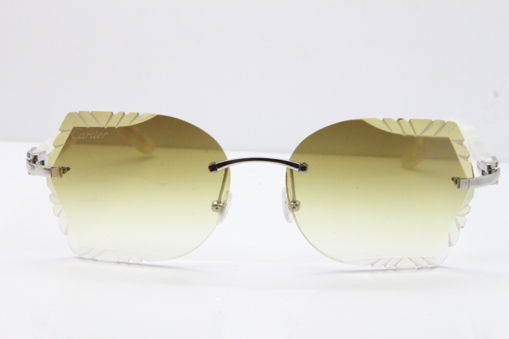 Cartier Rimless T8200762 Marble White Aztec Arms Sunglasses In Gold Brown Lens 