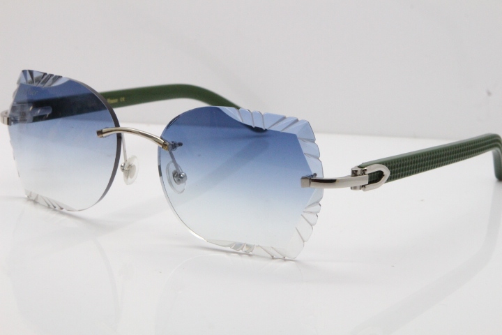 Cartier Rimless T8200762 Green Aztec Arms Sunglasses In Gold Blue Lens 