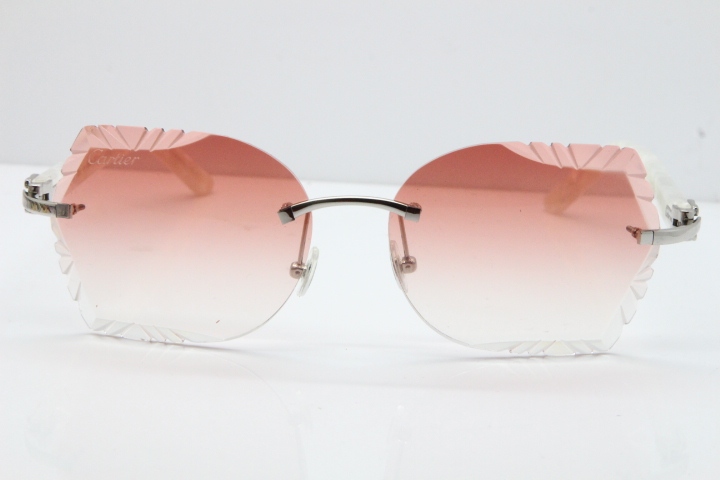 Cartier Rimless T8200762 Marble White Aztec Arms Sunglasses In Gold Pink Lens