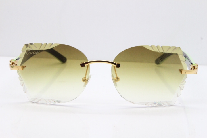 Cartier Rimless T8200762 Black Green Aztec Arms Sunglasses In Gold Brown Lens 