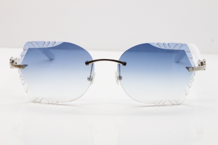 Cartier Rimless T8200762 White Aztec Arms Sunglasses In Gold Blue Lens