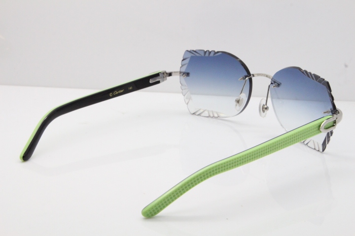 Cartier Rimless T8200762 Black Green Aztec Arms Sunglasses In Silver Blue Lens 