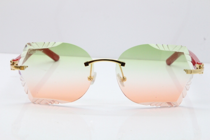Cartier Rimless T8200762 Red Aztec Arms Sunglasses In Gold Green Brown Lens
