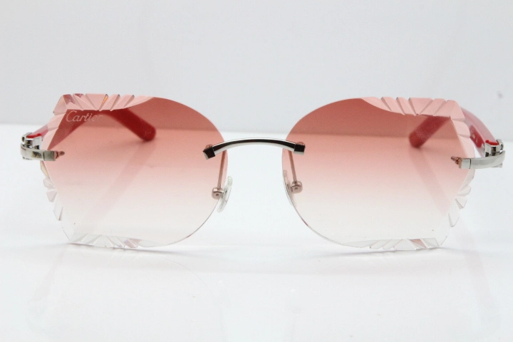 Cartier Rimless T8200762 Red Aztec Arms Sunglasses In Gold Pink Lens