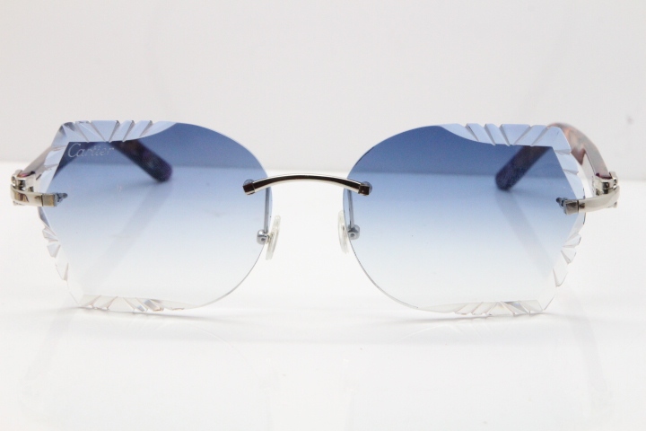 Cartier Rimless T8200762 Marble Purple Aztec Arms Sunglasses In Gold Blue Lens