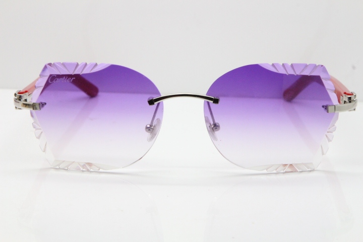 Cartier Rimless T8200762 Red Aztec Arms Sunglasses In Gold Purple Lens