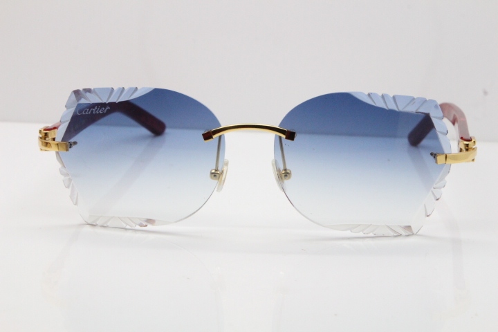 Cartier Rimless T8200762 Marble Red Aztec Arms Sunglasses In Gold Blue Lens
