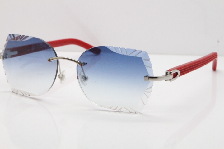 Cartier Rimless T8200762 Red Aztec Arms Sunglasses In Gold Blue Lens