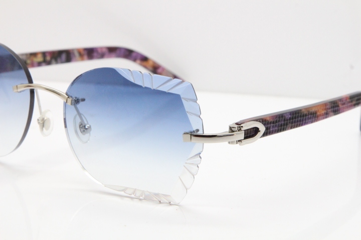 Cartier Rimless T8200762 Marble Purple Aztec Arms Sunglasses In Gold Blue Lens