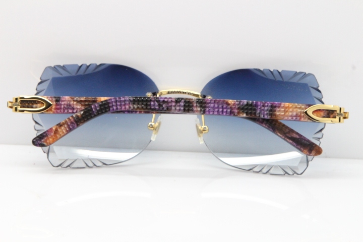 Cartier Rimless T8200762 Marble Purple Aztec Arms Sunglasses In Gold Blue Lens