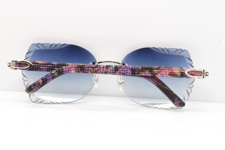 Cartier Rimless T8200762 Marble Purple Aztec Arms Sunglasses In Gold Blue Lens