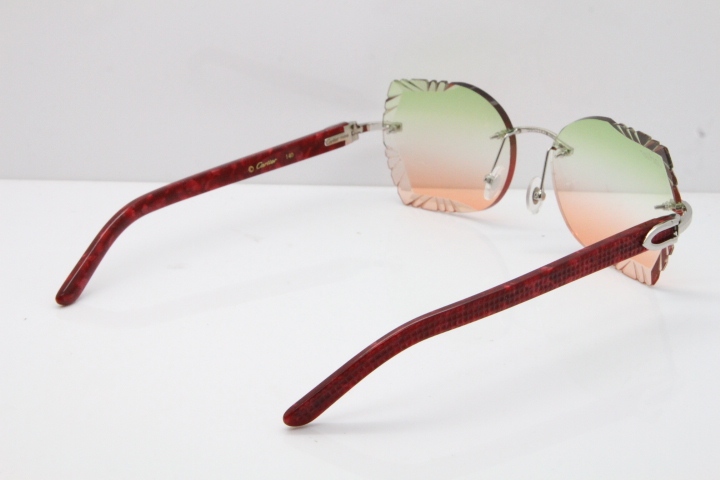 Cartier Rimless T8200762 Marble Red Aztec Arms Sunglasses In Gold Green Brown Lens