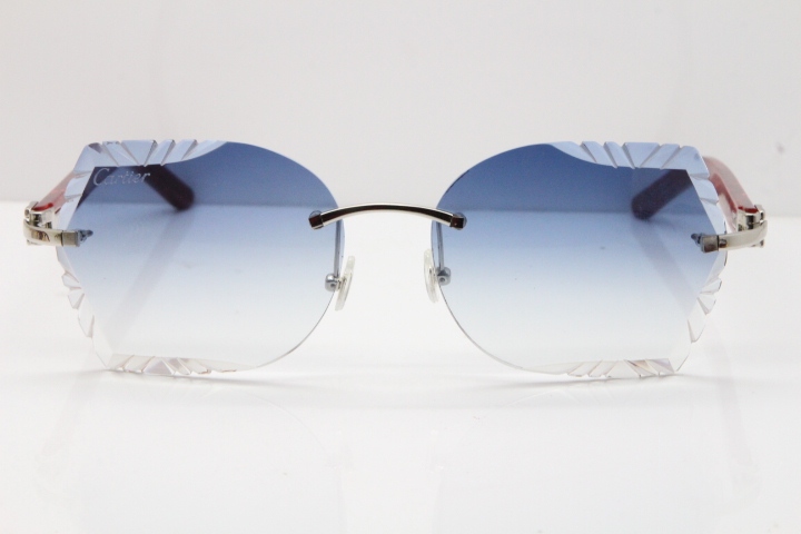 Cartier Rimless T8200762 Marble Red Aztec Arms Sunglasses In Gold Blue Lens