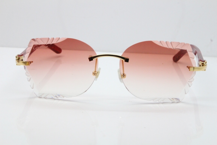 Cartier Rimless T8200762 Marble Red Aztec Arms Sunglasses In Gold Pink Lens