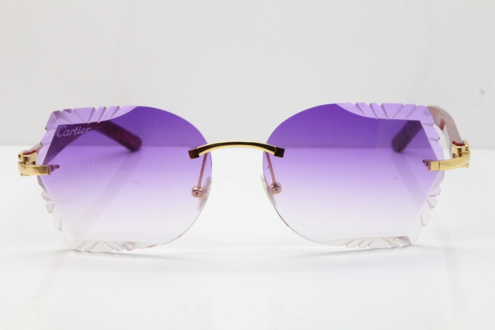 Cartier Rimless T8200762 Marble Red Aztec Arms Sunglasses In Gold Purple Lens