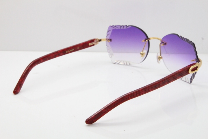 Cartier Rimless T8200762 Marble Red Aztec Arms Sunglasses In Gold Purple Lens