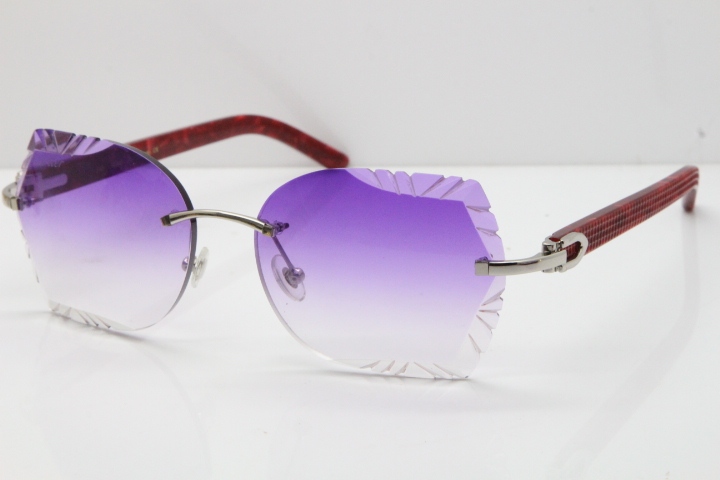 Cartier Rimless T8200762 Marble Red Aztec Arms Sunglasses In Gold Purple Lens