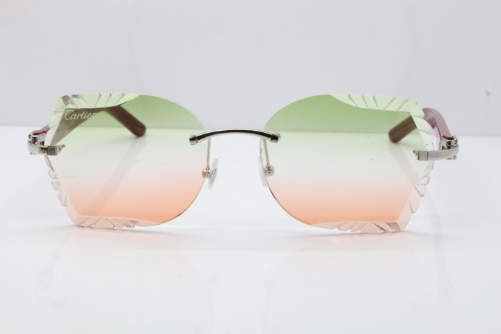 Cartier Rimless T8200762 Marble Red Aztec Arms Sunglasses In Gold Green Brown Lens