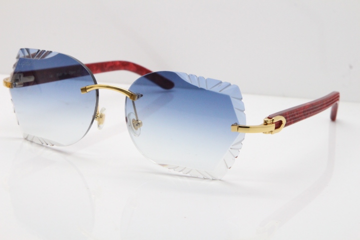 Cartier Rimless T8200762 Marble Red Aztec Arms Sunglasses In Gold Blue Lens