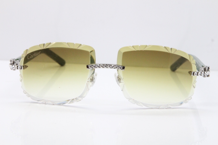 Cartier Rimless 8200762 Big Diamond Green Aztec Arms Sunglasses In Gold Brown Lens 