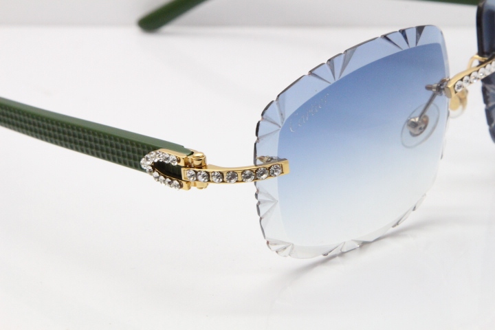 Cartier Rimless 8200762 Big Diamond Green Aztec Arms Sunglasses In Gold Blue Lens 
