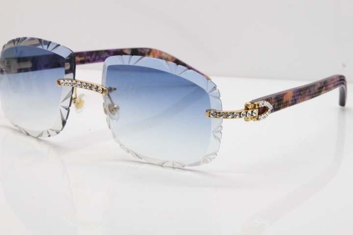 Cartier Rimless 8200762 Big Diamond Marble Purple Aztec Arms Sunglasses In Gold Blue Lens