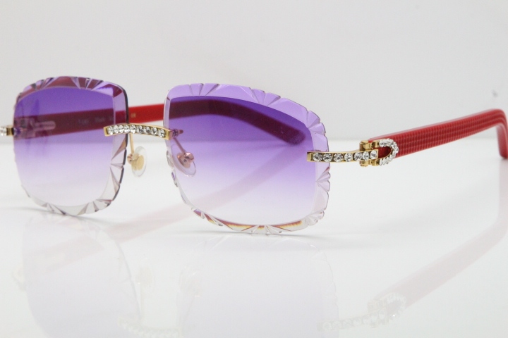 Cartier Rimless 8200762 Big Diamond Red Aztec Arms Sunglasses In Gold Purple