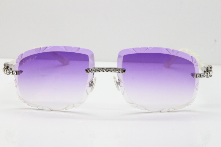 Cartier Rimless 8200762 Big Diamond Marble White Aztec Arms Sunglasses In Gold Purple Lens