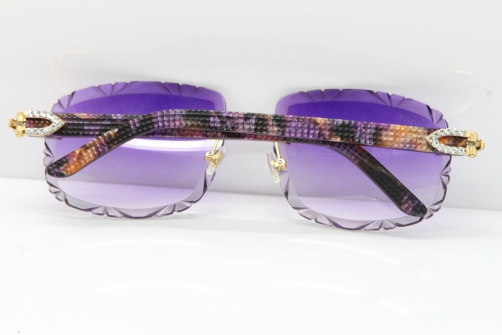 Cartier Rimless 8200762 Big Diamond Marble Purple Aztec Arms Sunglasses In Gold Purple Lens