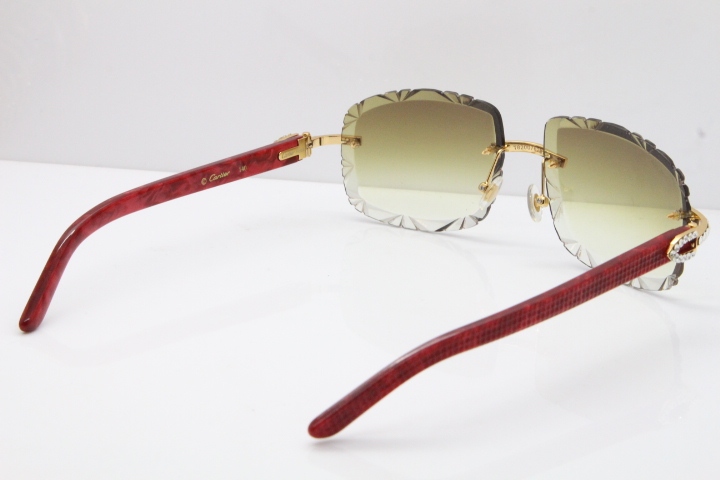 Cartier Rimless 8200762 Big Diamond Marble Red Aztec Arms Sunglasses In Gold Brown Lens