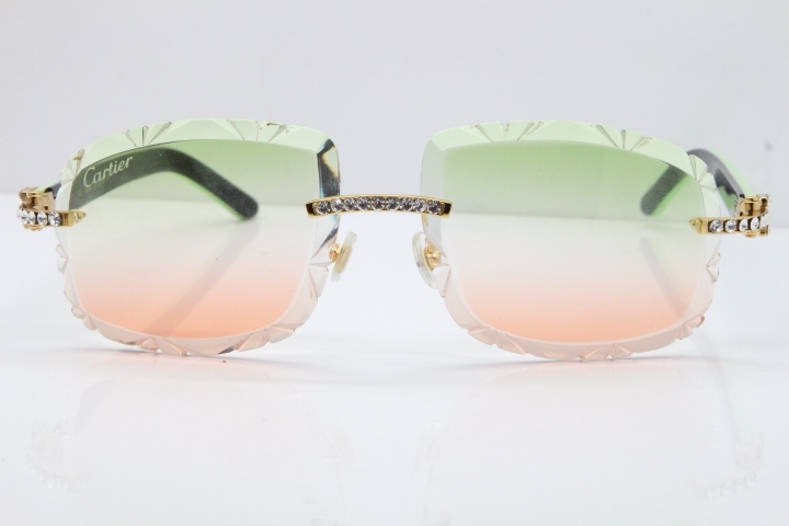 Cartier Rimless 8200762 Big Diamond  Black Green Aztec Arms Sunglasses In Gold Green Brown Lens