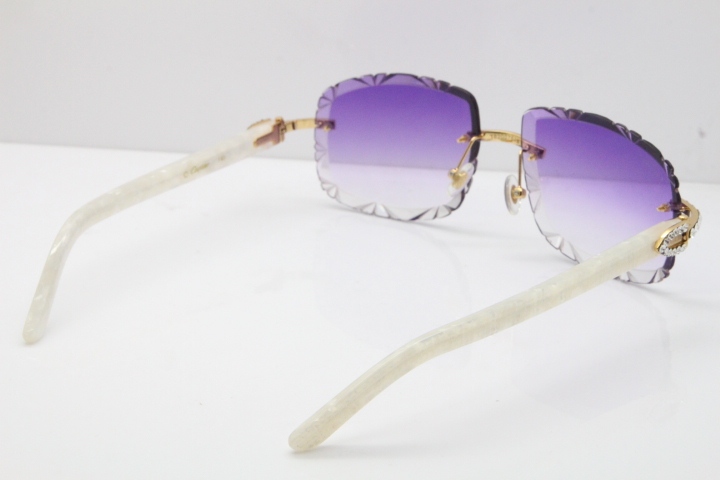 Cartier Rimless 8200762 Big Diamond Marble White Aztec Arms Sunglasses In Gold Purple Lens