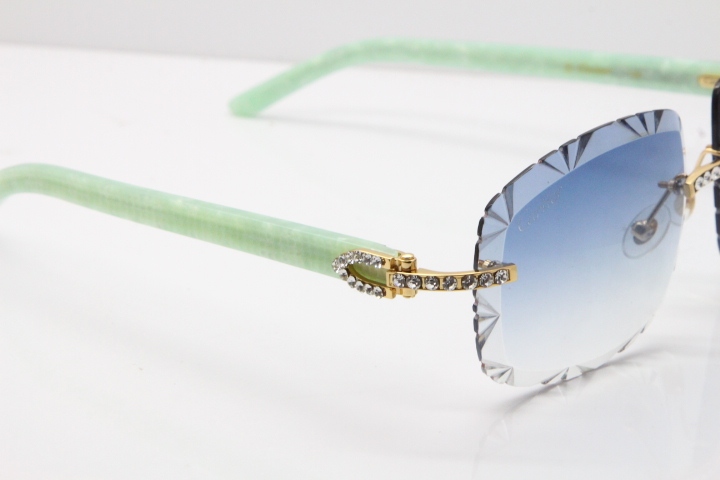 Cartier Rimless 8200762 Big Diamond Marble Green Aztec Arms Sunglasses In Gold Blue Lens 