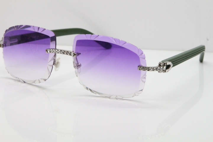 Cartier Rimless 8200762 Big Diamond Green Aztec Arms Sunglasses In Gold Purple Lens