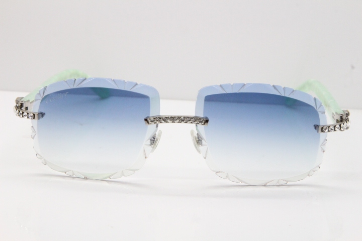 Cartier Rimless 8200762 Big Diamond Marble Green Aztec Arms Sunglasses In Gold Blue Lens 