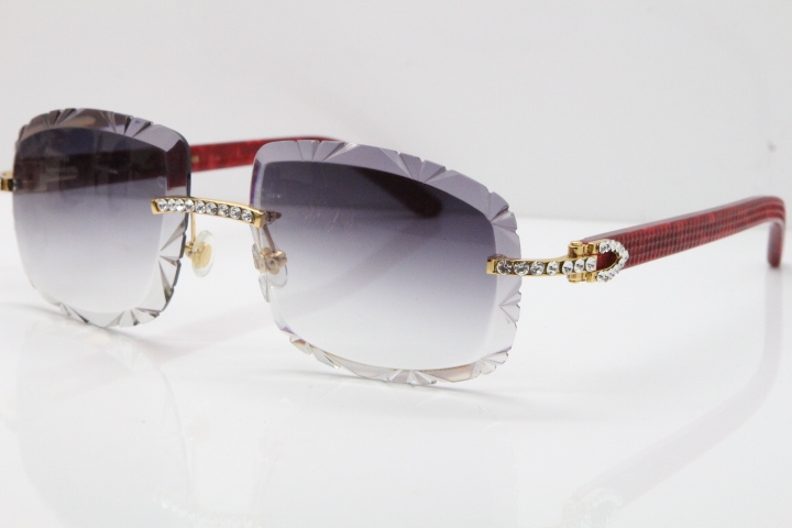 Cartier Rimless 8200762 Big Diamond Marble Red Aztec Arms Sunglasses In Gold Gray Lens