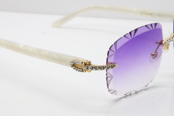 Cartier Rimless 8200762 Big Diamond Marble White Aztec Arms Sunglasses In Gold Purple Lens