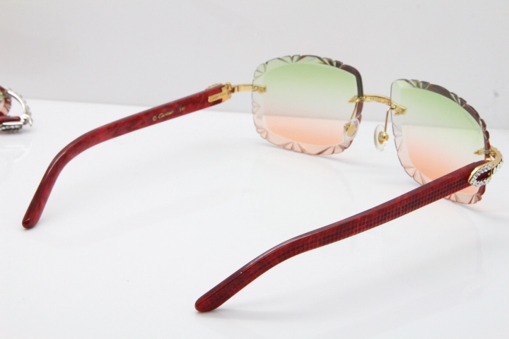 Cartier Rimless 8200762 Big Diamond Marble Red Aztec Arms Sunglasses In Gold Green Brown Lens