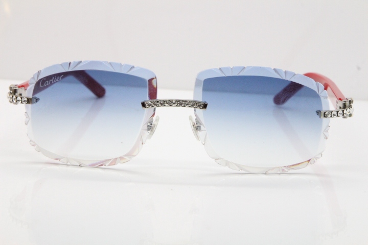 Cartier Rimless 8200762 Big Diamond Red Aztec Arms Sunglasses In Gold Blue Lens