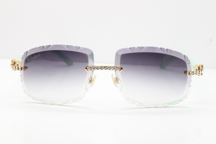 Cartier Rimless 8200762 Big Diamond Marble Green Aztec Arms Sunglasses In Gold Gray Lens 