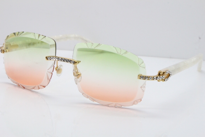 Cartier Rimless 8200762 Big Diamond Marble White Aztec Arms Sunglasses In Gold Green Brown Lens