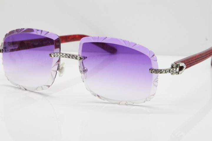 Cartier Rimless 8200762 Big Diamond Marble Red Aztec Arms Sunglasses In Gold Purple Lens