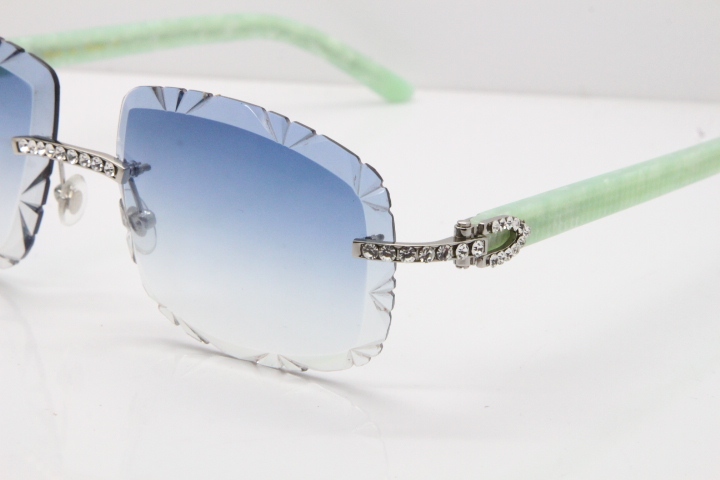 Cartier Rimless 8200762 Big Diamond Marble Green Aztec Arms Sunglasses In Gold Blue Lens 