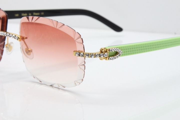 Cartier Rimless 8200762 Big Diamond Black Green Aztec Arms Sunglasses In Gold Pink Lens