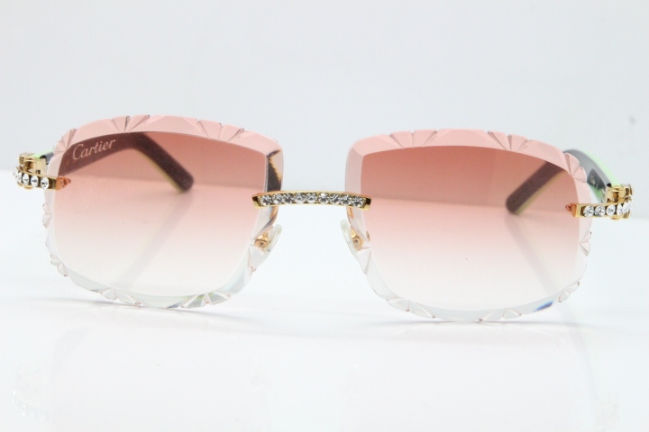 Cartier Rimless 8200762 Big Diamond Black Green Aztec Arms Sunglasses In Gold Pink Lens