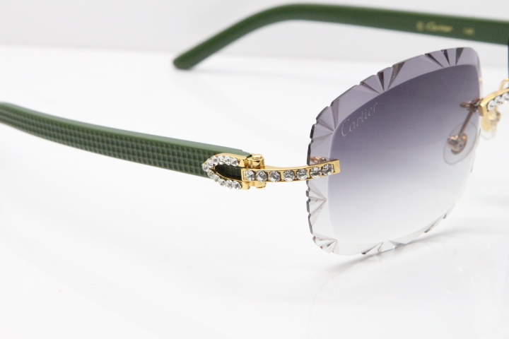 Cartier Rimless 8200762 Big Diamond Green Aztec Arms Sunglasses In Gold Gray Lens 